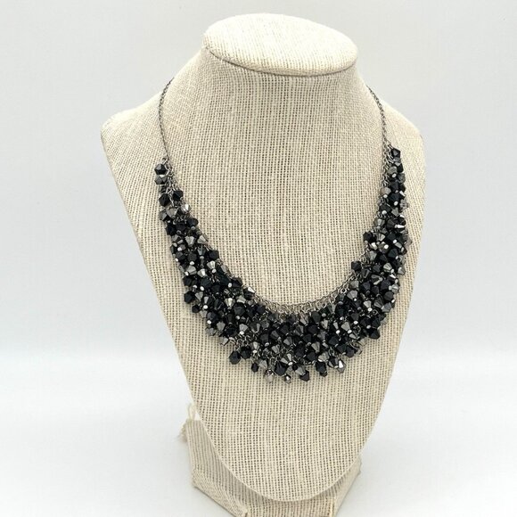 Black Beaded Statement Bib Necklace Chunky Faceted Crystal Glam Cluster Jewelry - Picture 1 of 6
